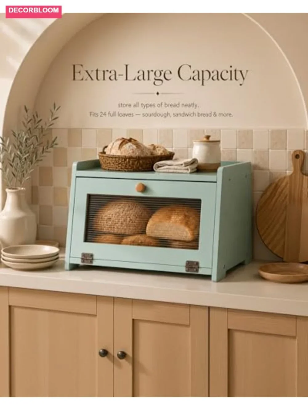 Large Farmhouse Bamboo Bread Box with Acrylic Window, Magnetic Door, Airtight